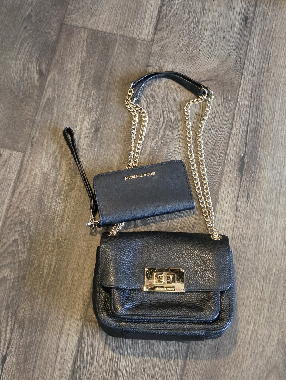 Michael Kors Black Leather Chain Shoulder Bag with Wristlet Wallet